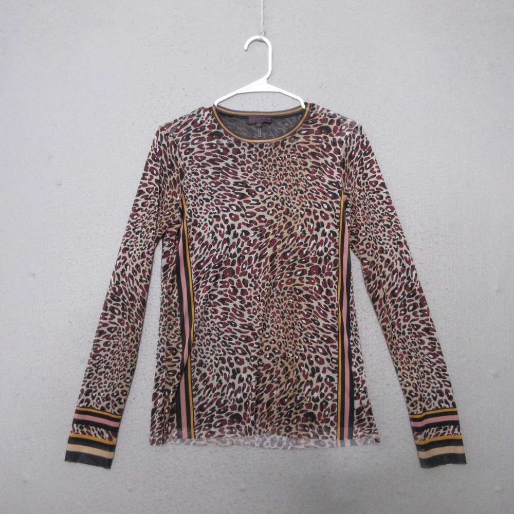 Hale Bob Top Medium Brown Leopard Print Mesh Y2K Indie Striped Trim Boho Grunge